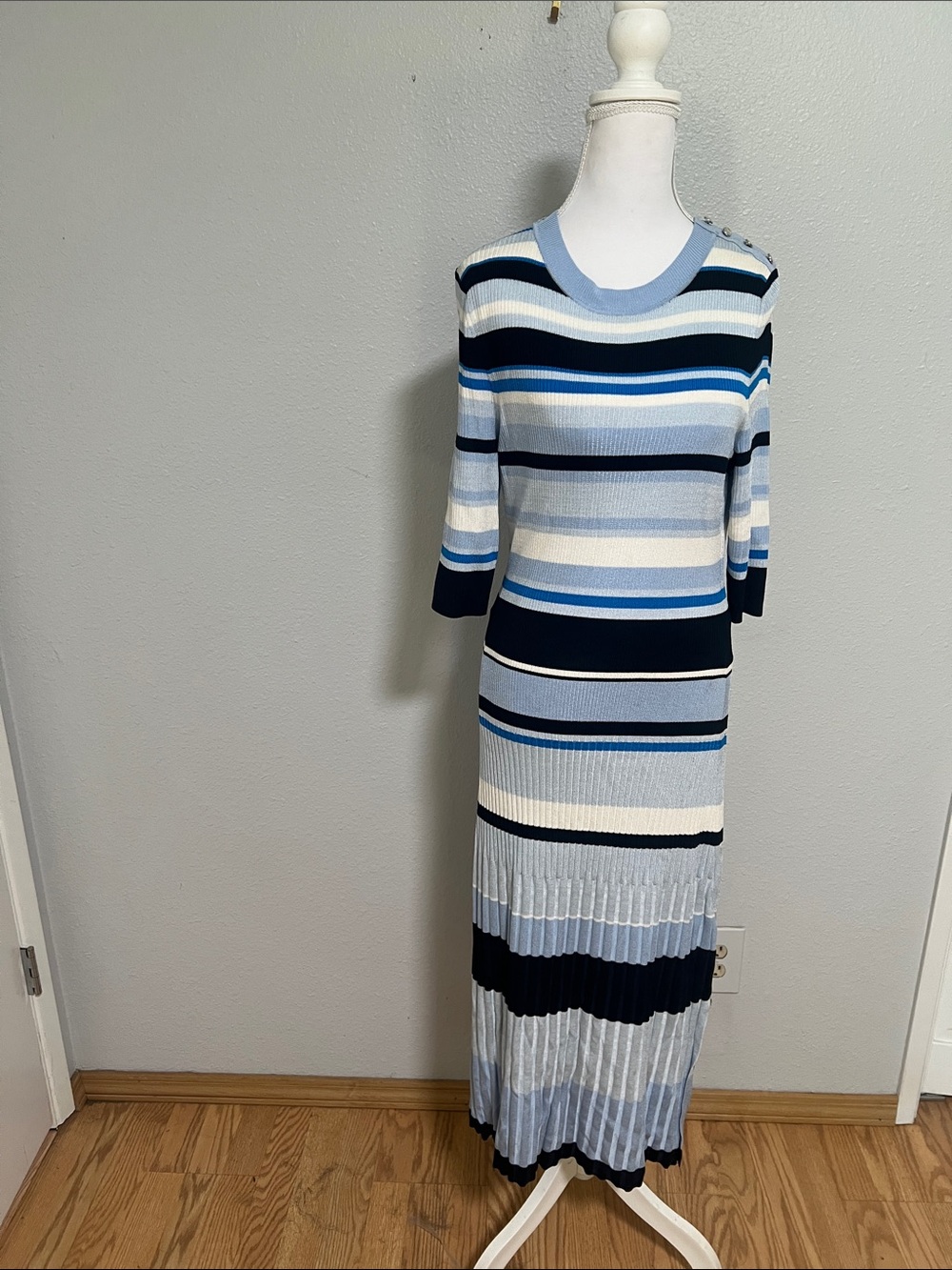 BOSS Striped Knit Sweater Dress Medium Blue Stretch Midi Dress